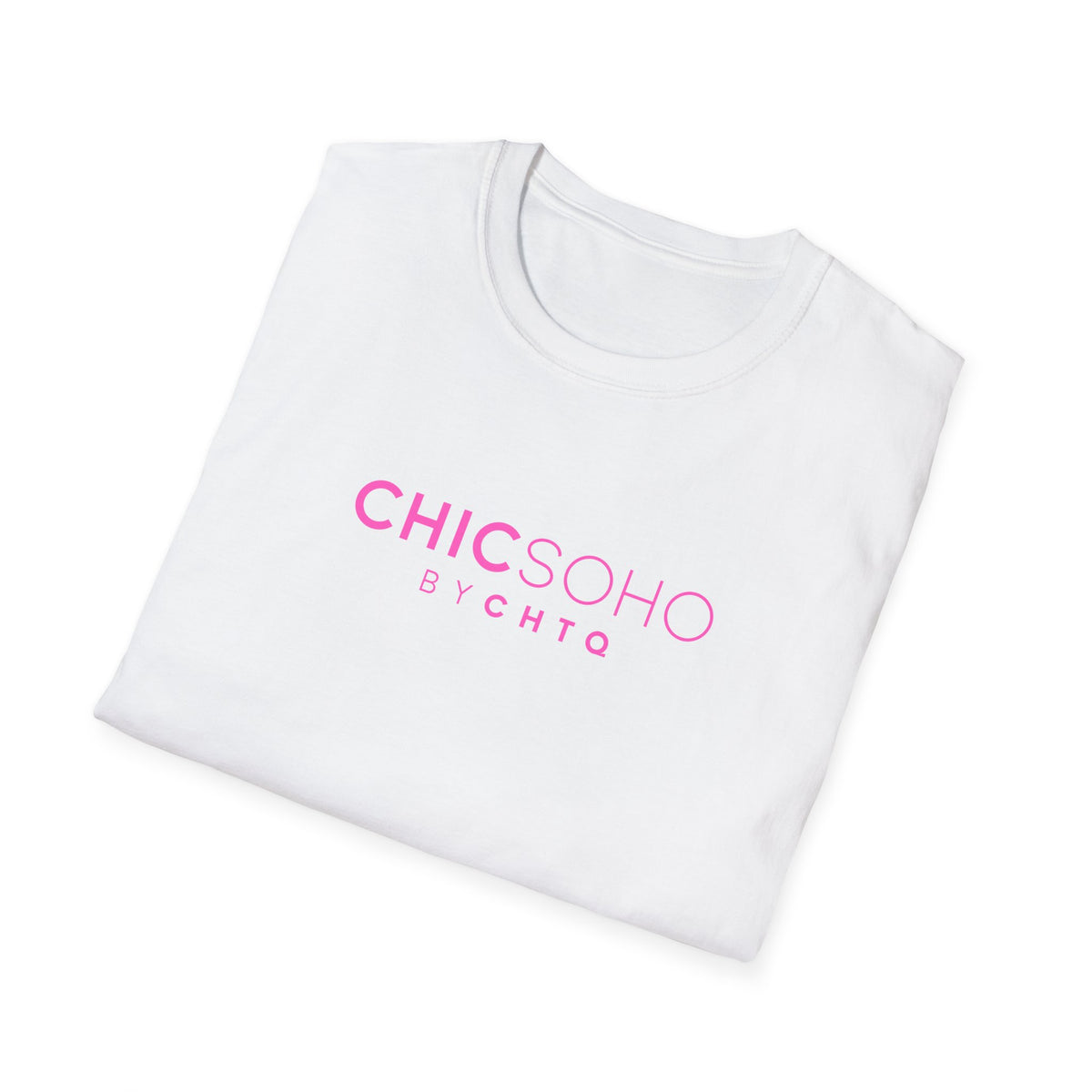 White CHICSOHO graphic T-shirt with pink BY CHTQ logo print, short sleeves and crew neckline, displayed on a clean white background.
