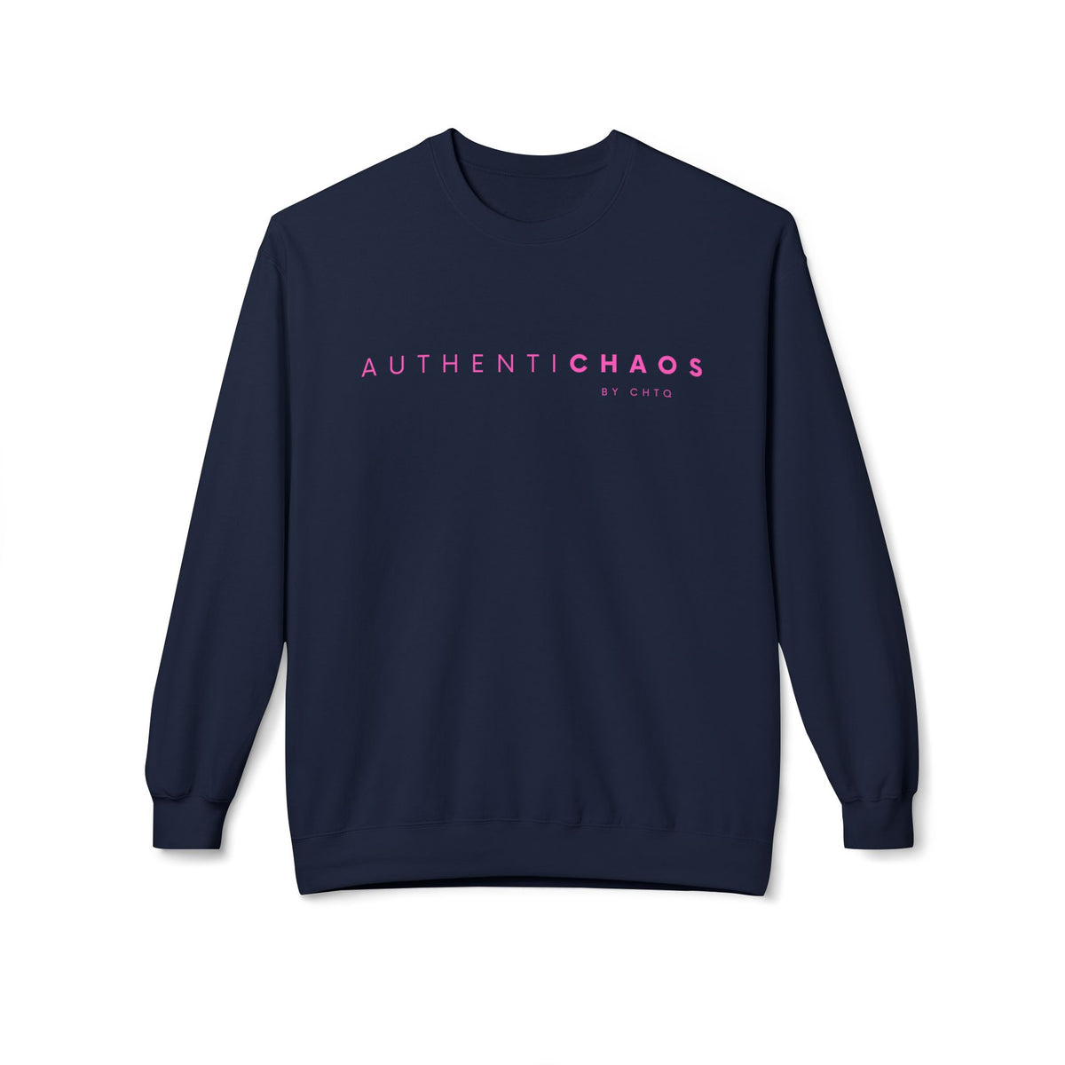 Navy blue AuthentiCHAOS graphic sweatshirt with pink typography and BY CHTQ detail on the front.