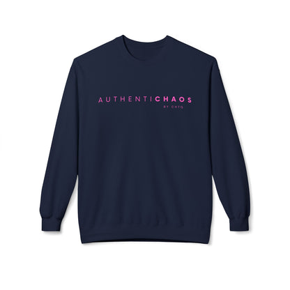Navy blue AuthentiCHAOS graphic sweatshirt with pink typography and BY CHTQ detail on the front.