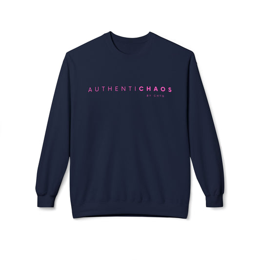 Navy blue AuthentiCHAOS graphic sweatshirt with pink typography and BY CHTQ detail on the front.