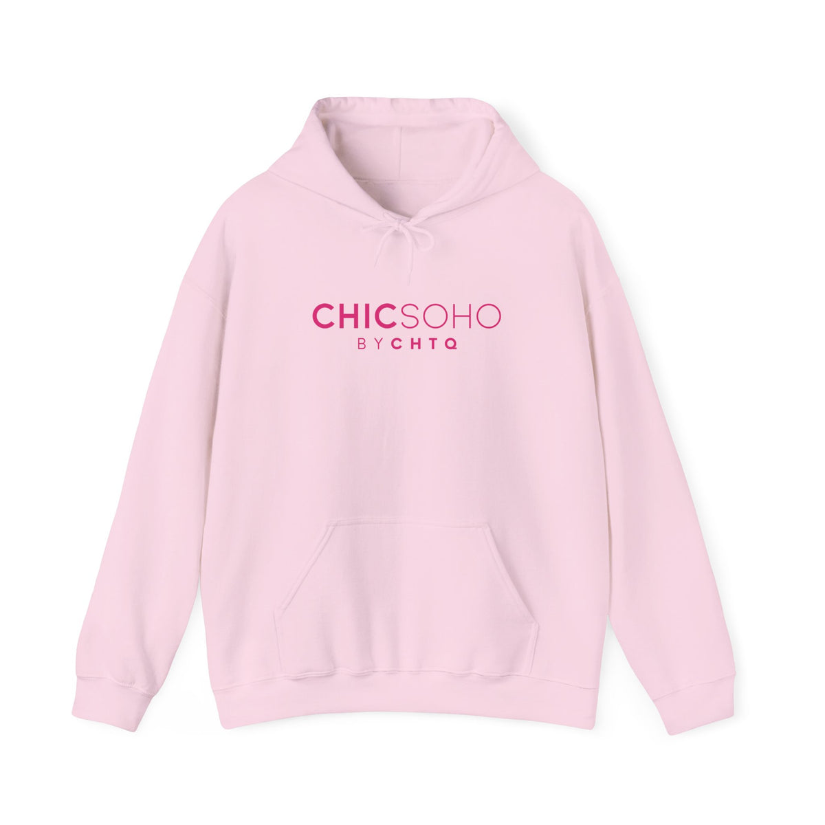 Light pink pullover hoodie with a pink CHICSOHO BY CHTQ logo printed on the chest, displayed on a clean white background.