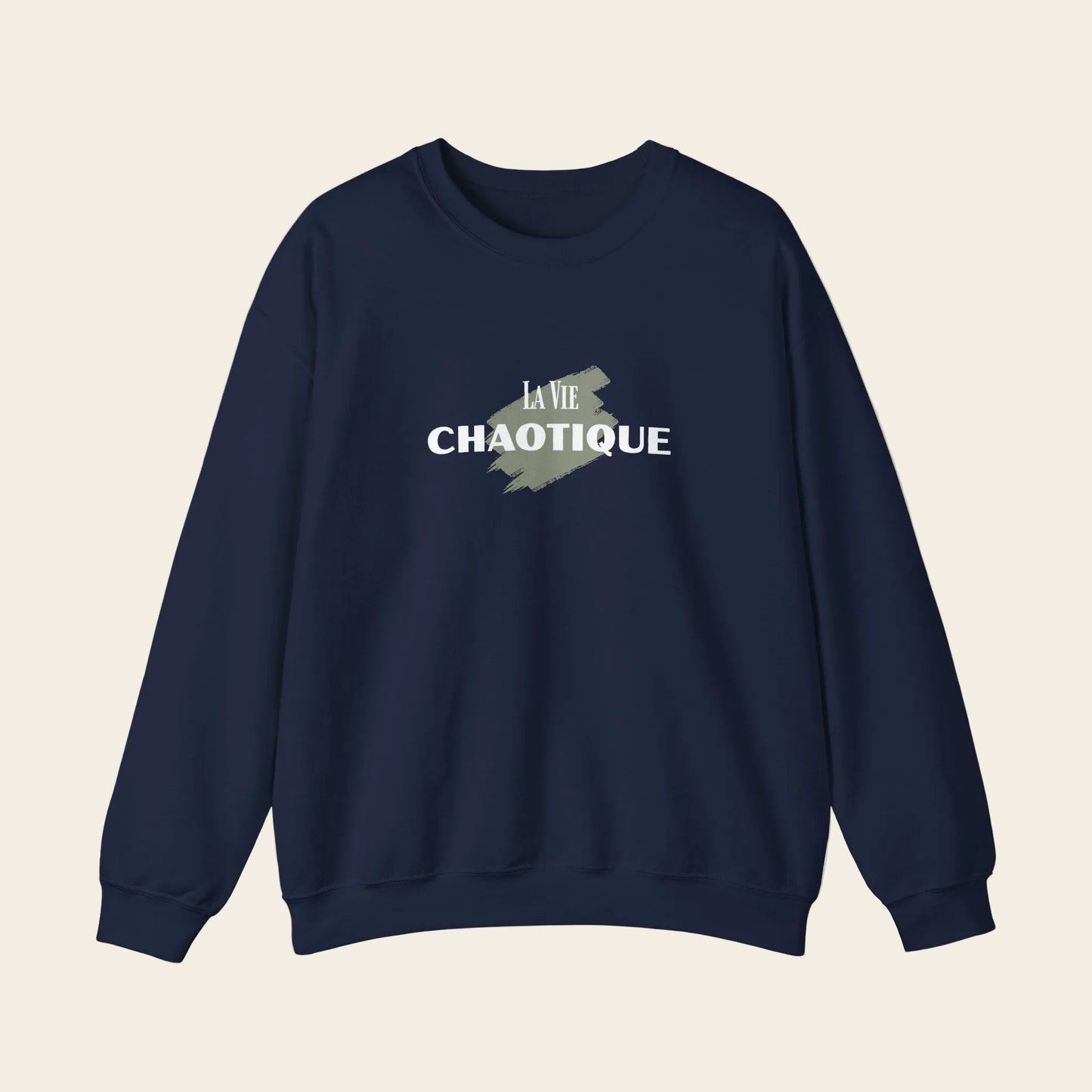 Blue sweatshirt with 'La Vie Chaotique' graphic design on a white background