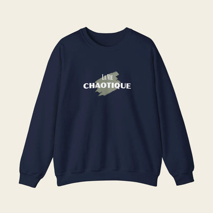 Blue sweatshirt with 'La Vie Chaotique' graphic design on a white background