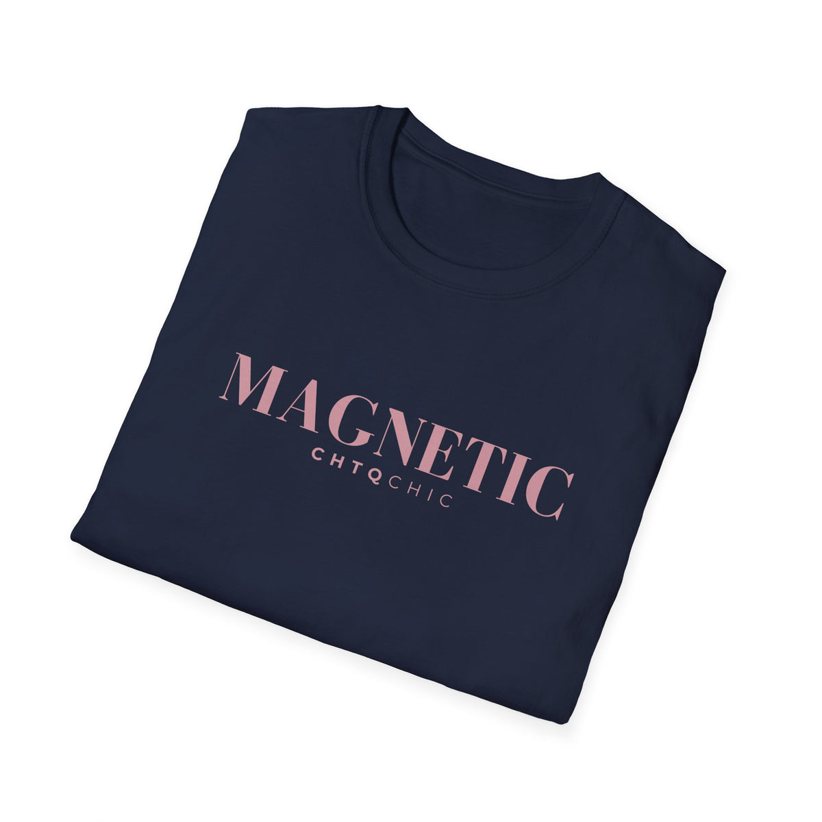 A navy folded short-sleeve graphic T-shirt featuring green 'MAGNETIC' text with smaller 'CHTQ CHIC' lettering underneath, displayed against a clean white background.