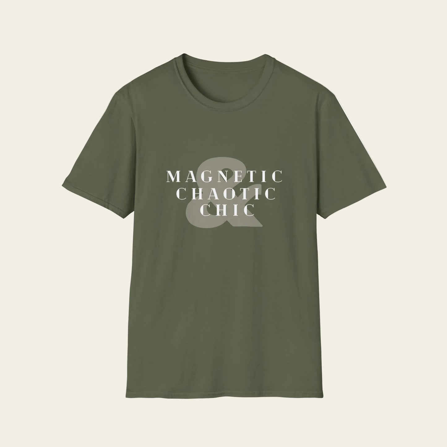 Green t-shirt with a mole in a beaker graphic and 'Magnetic Chaotic Chic' text on a white background