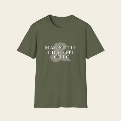 Green t-shirt with a mole in a beaker graphic and 'Magnetic Chaotic Chic' text on a white background