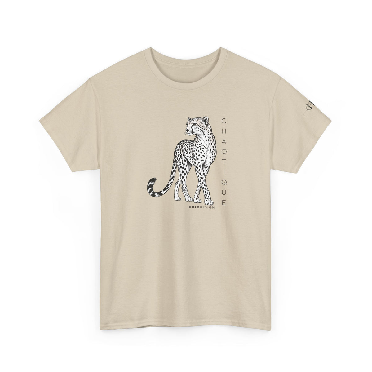 Sand CHAOTIQUE graphic T-shirt with hand-drawn cheetah illustration, vertical CHAOTIQUE text and CHTQ Design details.