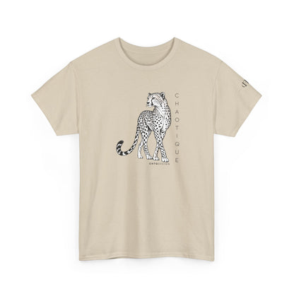 Sand CHAOTIQUE graphic T-shirt with hand-drawn cheetah illustration, vertical CHAOTIQUE text and CHTQ Design details.