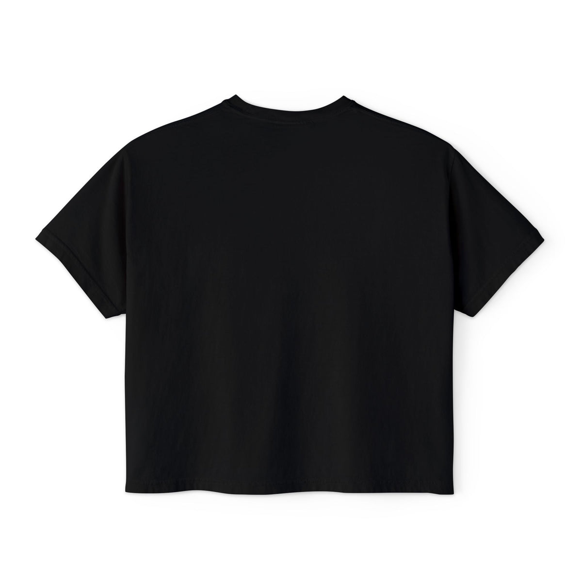 A black CHIC BY CHTQ cropped boxy T-shirt from back, with a white script graphic on the front, paired with light-wash blue jeans, against a clean white studio background.
