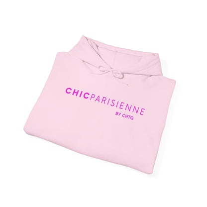 Folded light pink CHIC PARISIENNE BY CHTQ hoodie featuring a bright pink graphic print on the front.