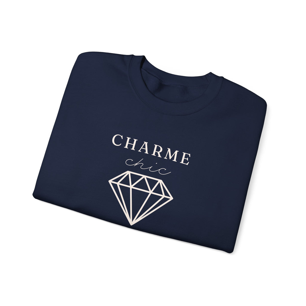 A folded navy crewneck sweatshirt featuring a light graphic print that reads 'CHARME chic' above a diamond outline, set against a plain white background.
