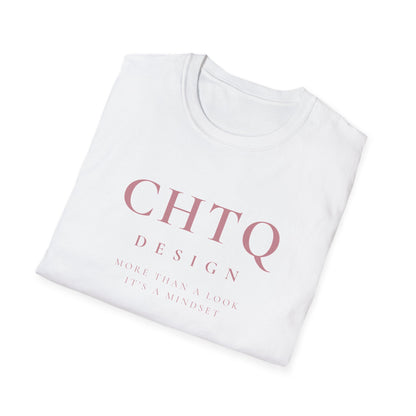 A folded white crewneck t-shirt with pink text on the front reading 'CHTQ DESIGN' and 'MORE THAN A LOOK IT'S A MINDSET', shown on a clean white background.