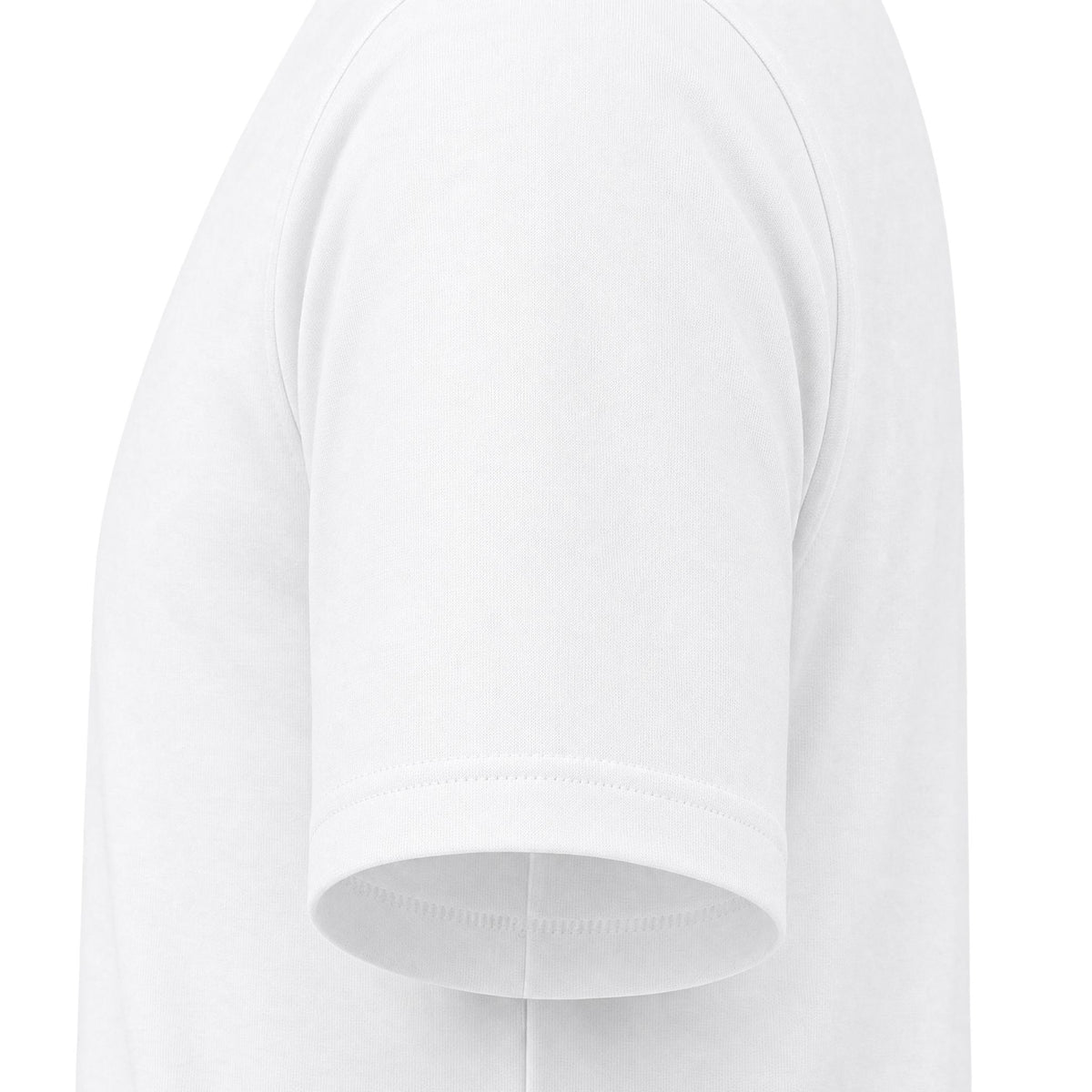 Close-up of a plain white short-sleeve of a crewneck t-shirt with a graphic print on the front. The print features the text 'CHARME chic' in a dark burgundy font above a matching line-art diamond illustration.