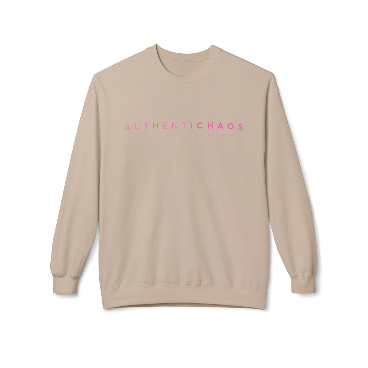 A beige crewneck sweatshirt with 'AUTHENTICHAOS' printed in pink across the chest, displayed on a clean white background.