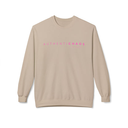 A beige crewneck sweatshirt with 'AUTHENTICHAOS' printed in pink across the chest, displayed on a clean white background.