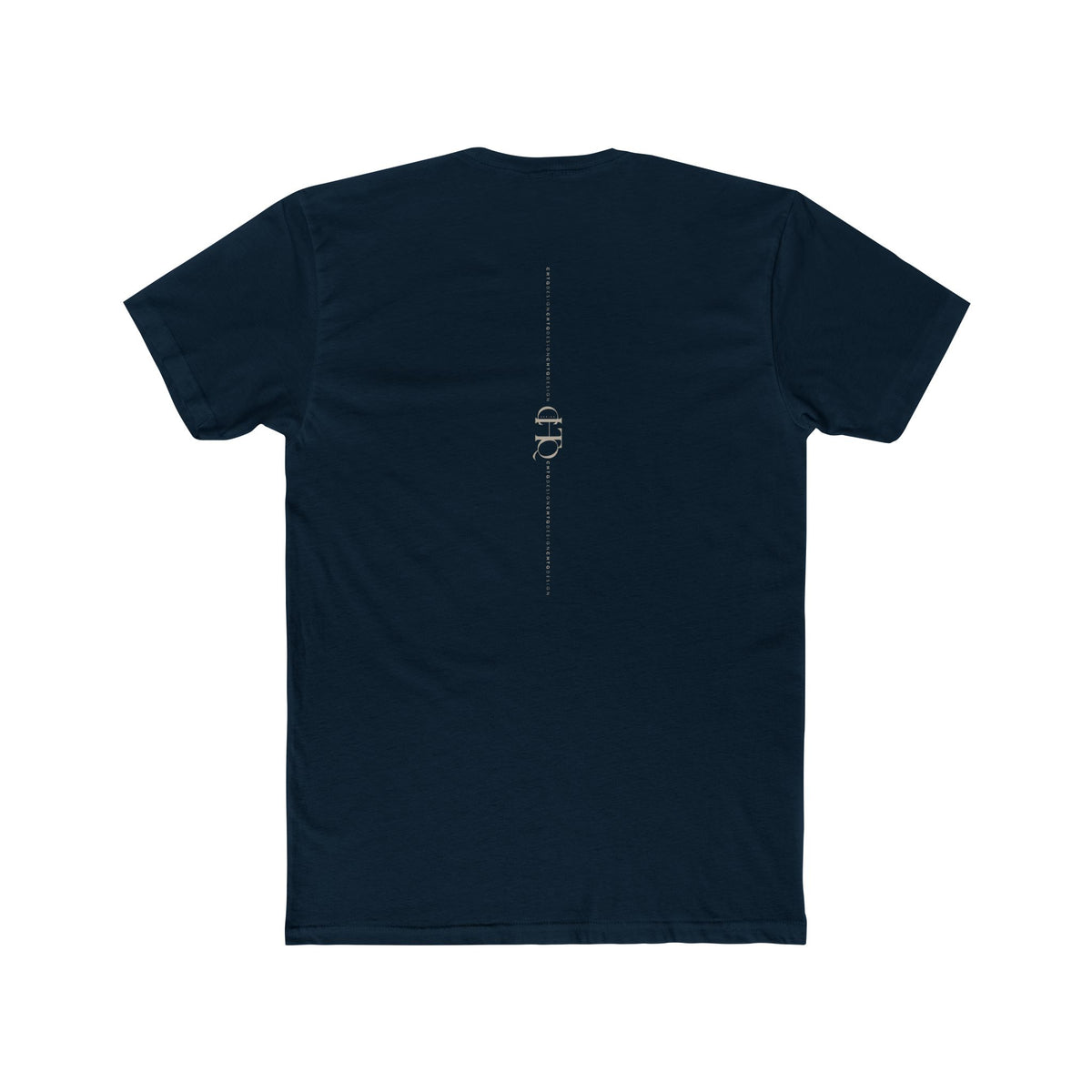 CHTQ Design navy T-shirt with minimalist vertical CHTQ graphic running down the back