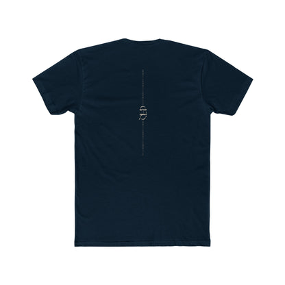 CHTQ Design navy T-shirt with minimalist vertical CHTQ graphic running down the back