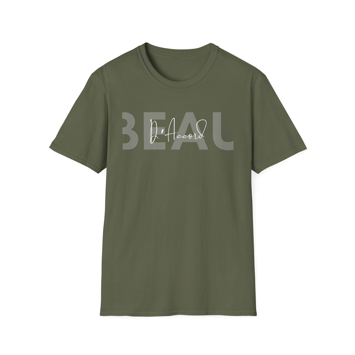 Military green BEAU D’Accord graphic T-shirt featuring large grey BEAU lettering with white handwritten D’Accord script across the chest.