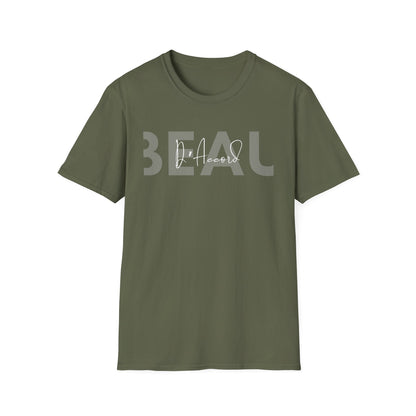 Military green BEAU D’Accord graphic T-shirt featuring large grey BEAU lettering with white handwritten D’Accord script across the chest.