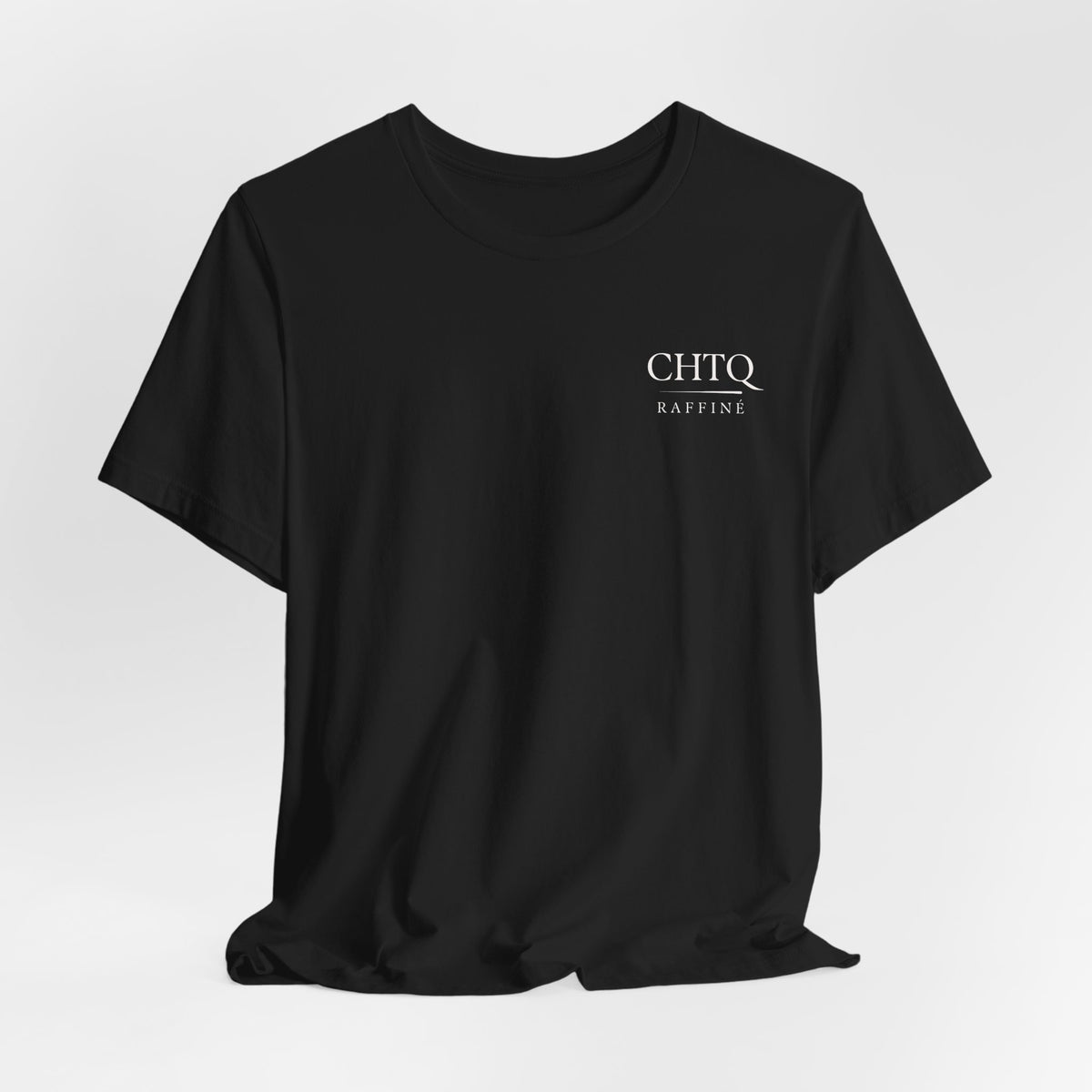 Black t-shirt with green text 'CHTQ Raffine' on a white background