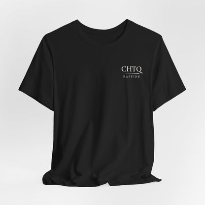 Black t-shirt with green text 'CHTQ Raffine' on a white background
