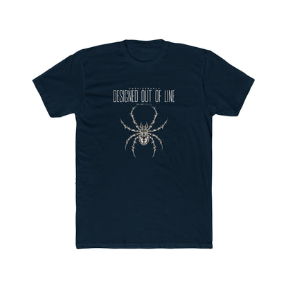 UNSPIDERABLY Designed Out of Line midnight navy graphic T-shirt with silver-gray spider illustration and white lettering, front view