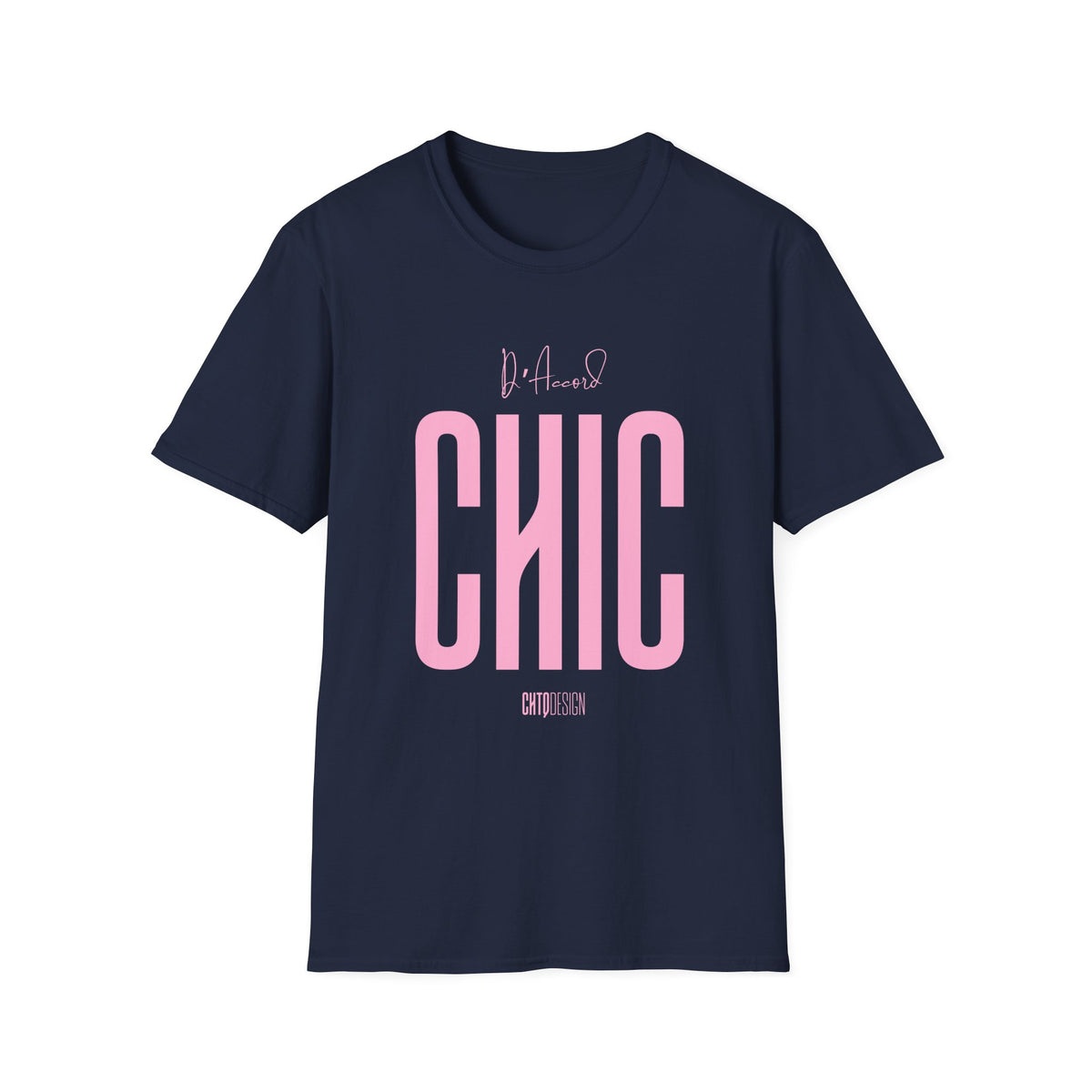 Navy blue D’Accord CHIC T-shirt with oversized light pink typography and CHTQ Design signature.