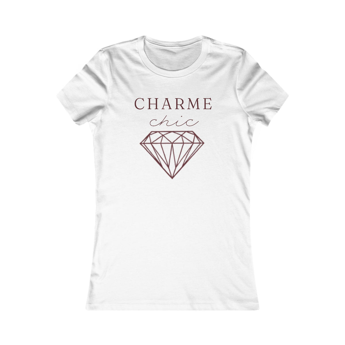 A white short-sleeve crewneck t-shirt with a graphic print on the front. The print features the text 'CHARME chic' in a dark burgundy font above a matching line-art diamond illustration.