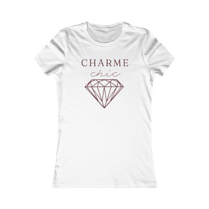 A white short-sleeve crewneck t-shirt with a graphic print on the front. The print features the text 'CHARME chic' in a dark burgundy font above a matching line-art diamond illustration.