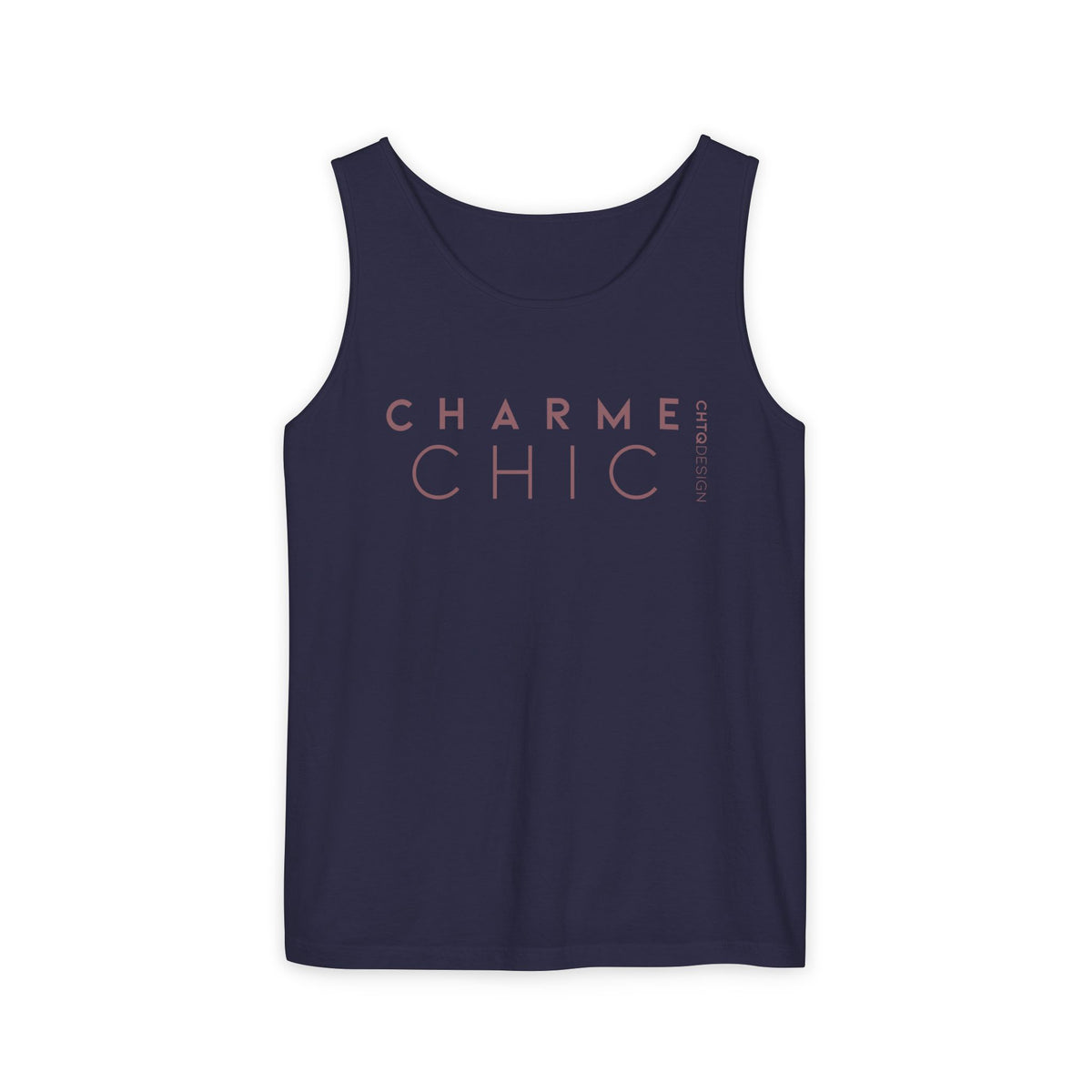 CHARME CHIC garment-dyed tank top in true navy with dusty rose CHTQ Design typography