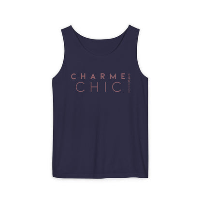 CHARME CHIC garment-dyed tank top in true navy with dusty rose CHTQ Design typography