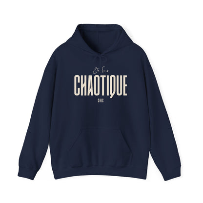 Navy blue Je Suis CHAOTIQUE CHIC pullover hoodie with cream typography, drawstring hood and kangaroo pocket.