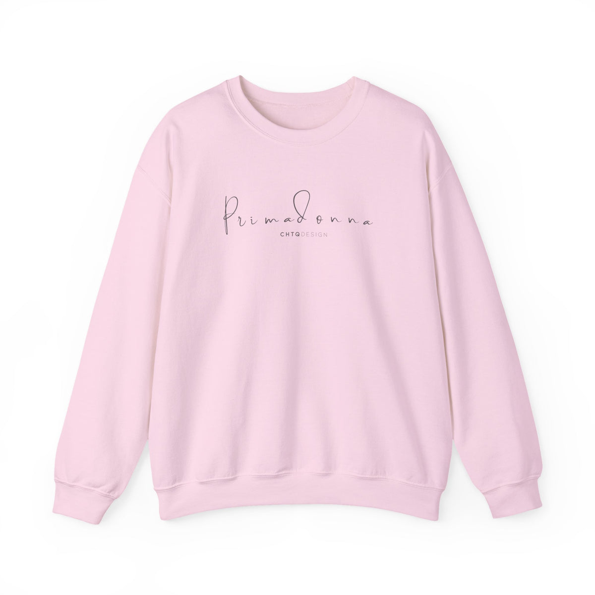 PRIMADONNA by CHTQ Design light pink crewneck sweatshirt featuring elegant gray script lettering on the chest, front view on white background.