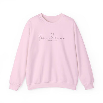 PRIMADONNA by CHTQ Design light pink crewneck sweatshirt featuring elegant gray script lettering on the chest, front view on white background.