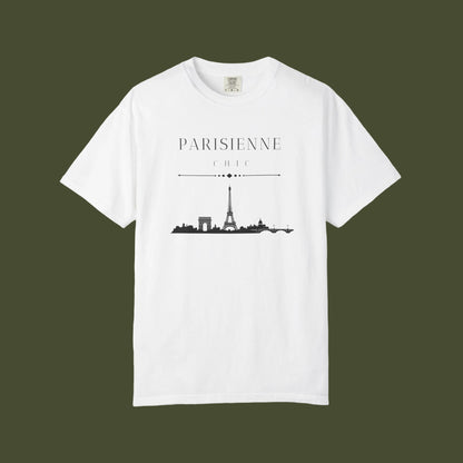 A white short-sleeve crewneck t-shirt featuring a black graphic print of the Paris skyline with the text 'PARISIENNE CHIC' above it, displayed on a clean white background.