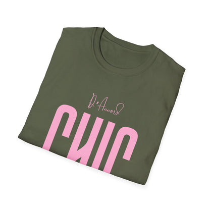 Folded military green D’Accord CHIC T-shirt displaying the light pink front graphic.