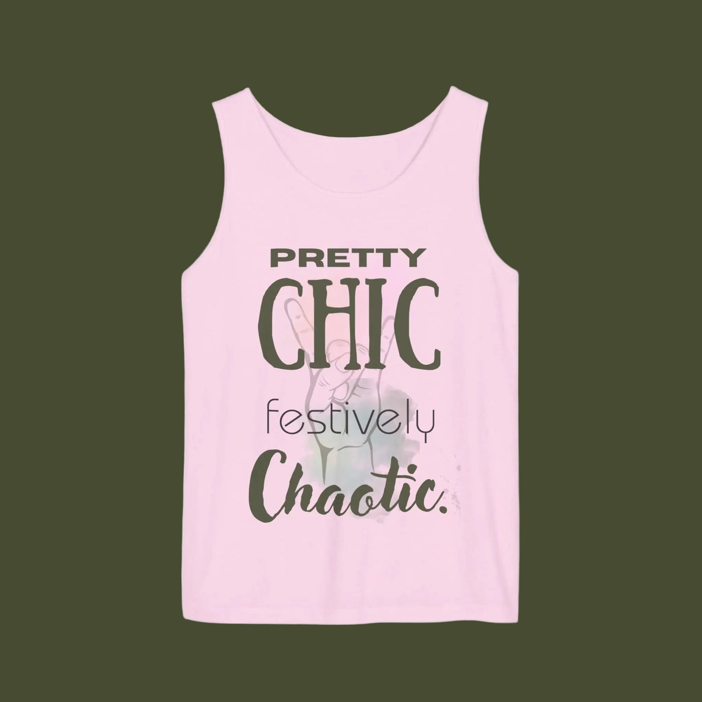 Light pink tank top with text 'Pretty chic festively chaotic´