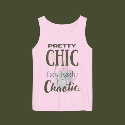 Light pink tank top with text 'Pretty chic festively chaotic´