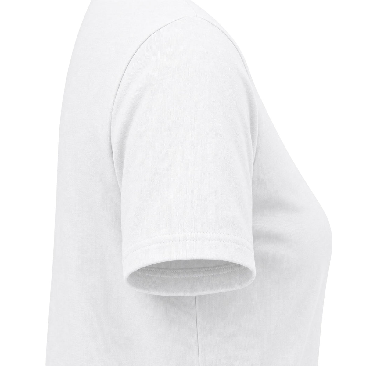 White CHIC D’Accord Women’s Graphic T-Shirt sleeve detail showing the shoulder seam and short-sleeve cuff.