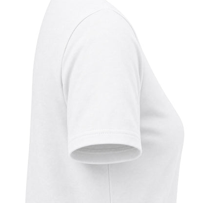 White CHIC D’Accord Women’s Graphic T-Shirt sleeve detail showing the shoulder seam and short-sleeve cuff.