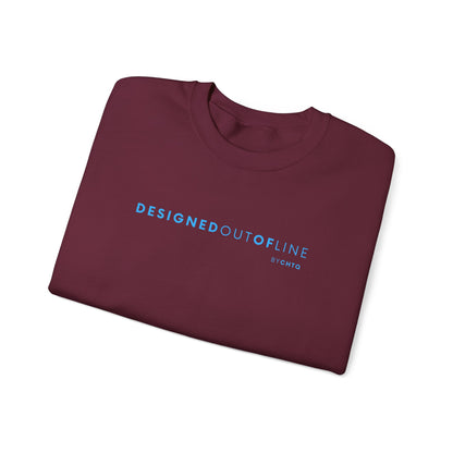 A folded maroon crewneck sweatshirt featuring blue “DESIGNED OUT OF LINE” text across the chest, with a small “BY CHTQ” detail underneath, displayed against a clean white background.