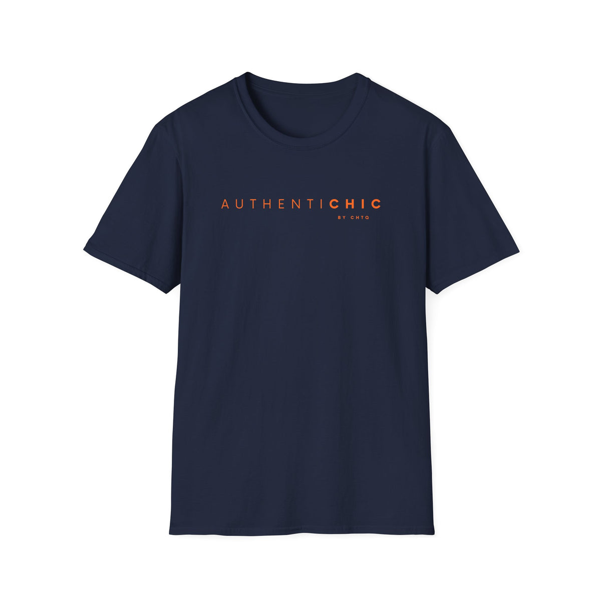 Navy blue AuthentiCHIC graphic T-shirt with orange typography, displayed on a clean white background.