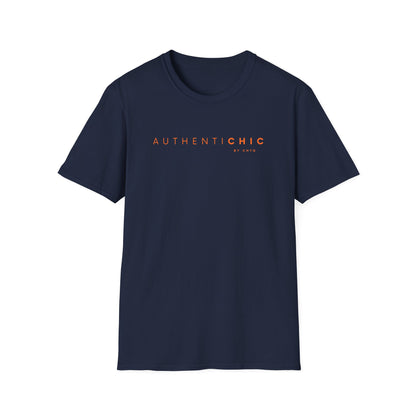 Navy blue AuthentiCHIC graphic T-shirt with orange typography, displayed on a clean white background.