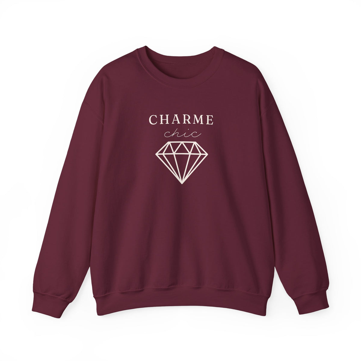 A maroon crewneck sweatshirt featuring a light  “CHARME chic” graphic with a diamond outline on the front, displayed against a clean white background.
