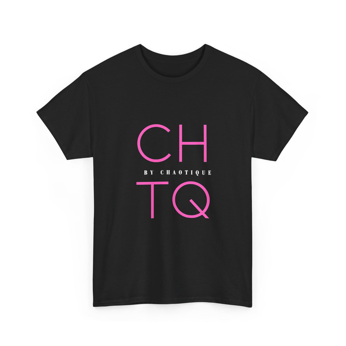 A black short-sleeve crewneck t-shirt featuring a graphic print on the front with the letters 'CHTQ' in bright pink, separated by the small white text 'BY CHAOTIQUE' in the middle.