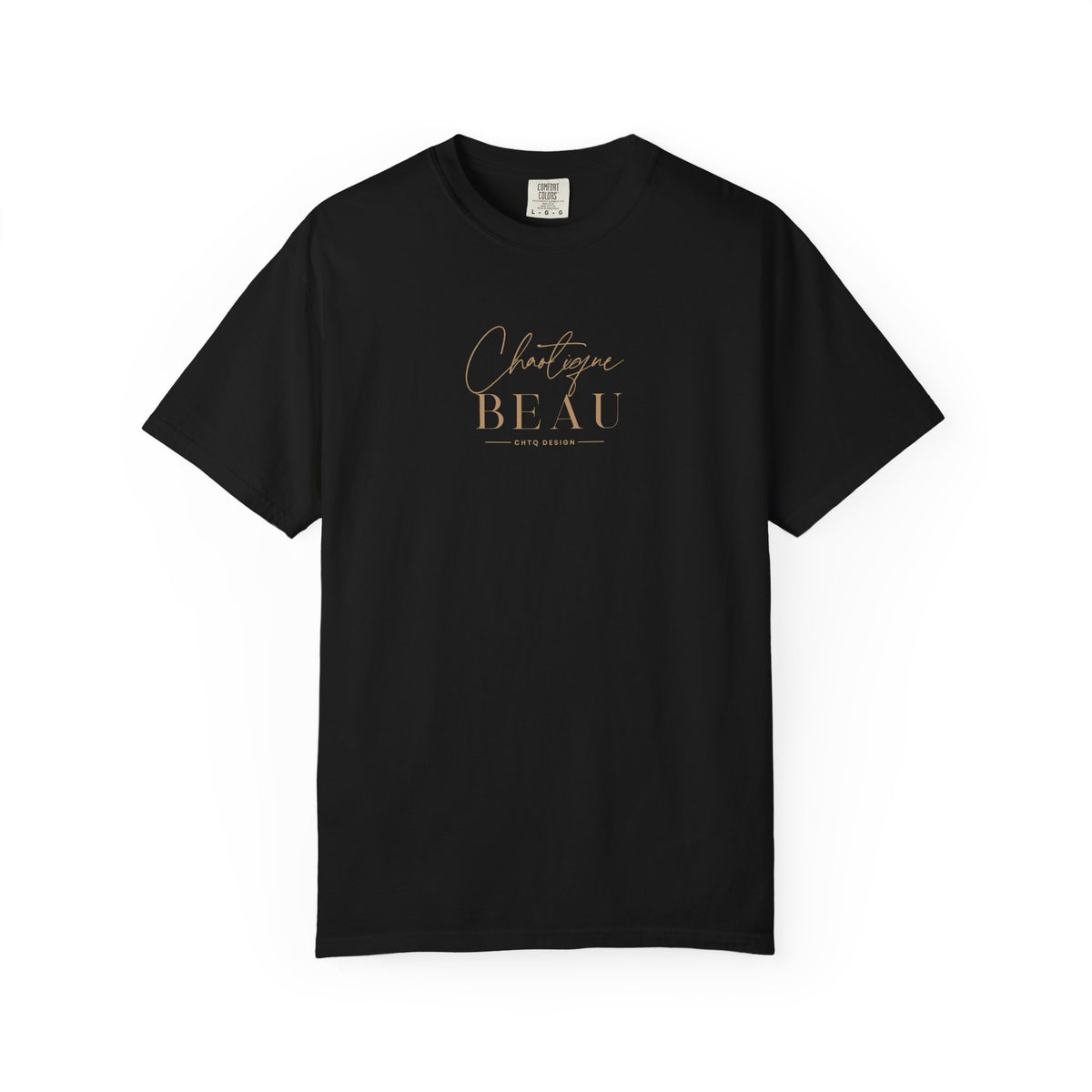 Black Chaotique Beau CHTQ Design graphic T-shirt with a gold-toned front print, shown against a white background.