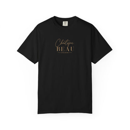 Black Chaotique Beau CHTQ Design graphic T-shirt with a gold-toned front print, shown against a white background.