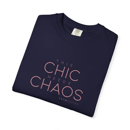 Folded True navy THIS CHIC NEEDS CHAOS women’s graphic T-shirt with dusty rose typography by CHTQ Design
