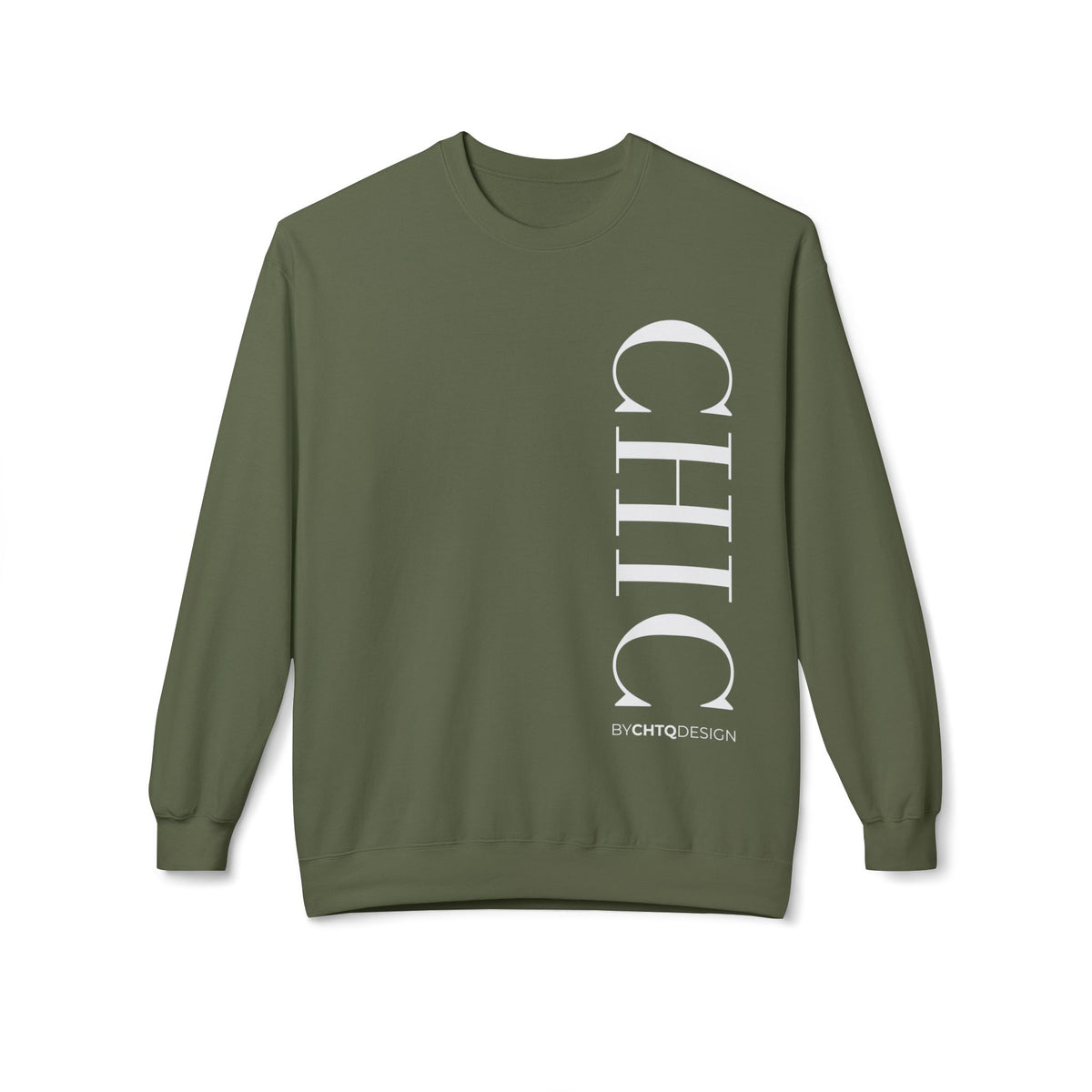 A green crewneck sweatshirt with a large vertical white 'CHIC' graphic and smaller 'BY CHTQ DESIGN' text on the front, displayed against a plain white background.