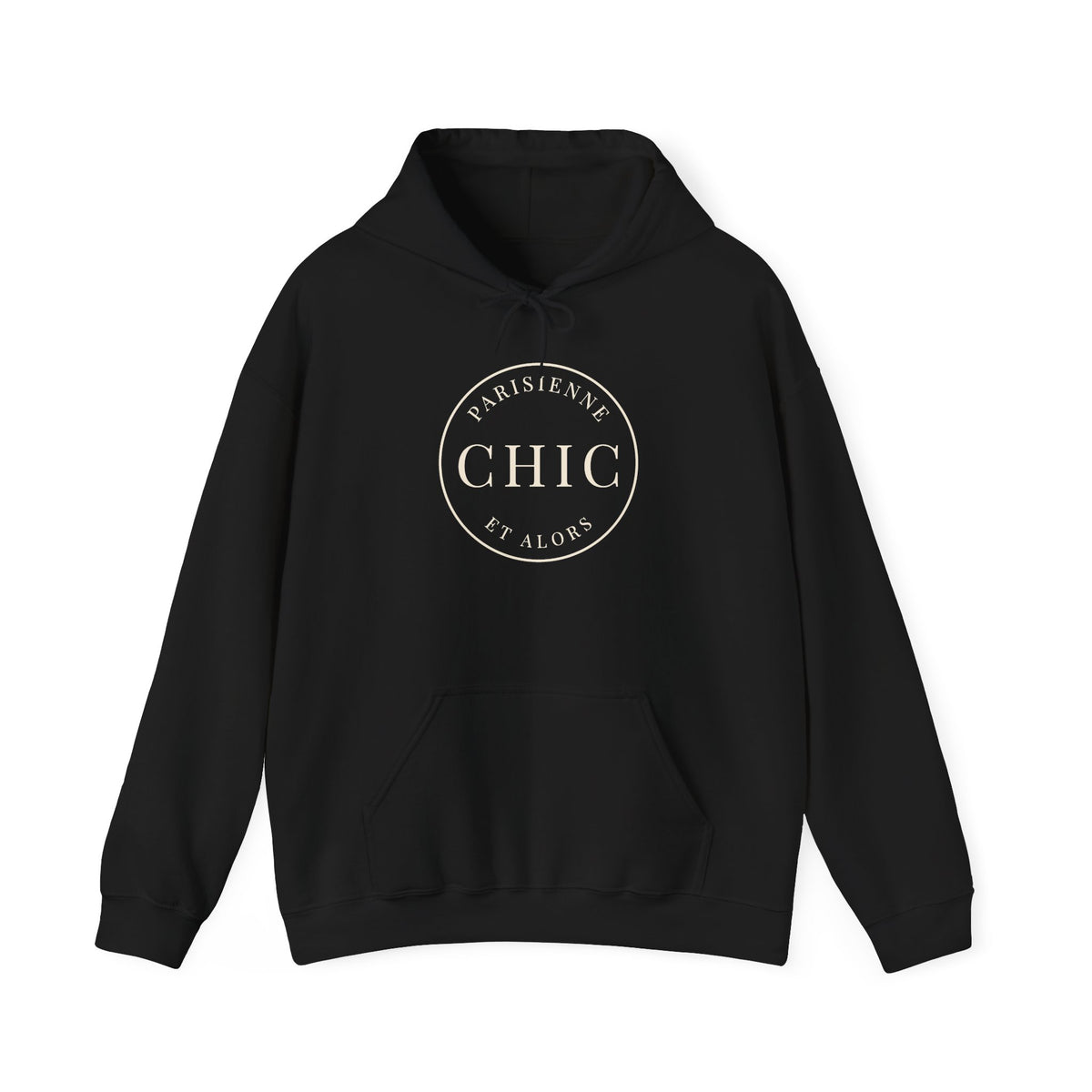 A black hoodie featuring a cream circular “PARISIENNE CHIC ET ALORS” graphic on the front, displayed against a clean white background.